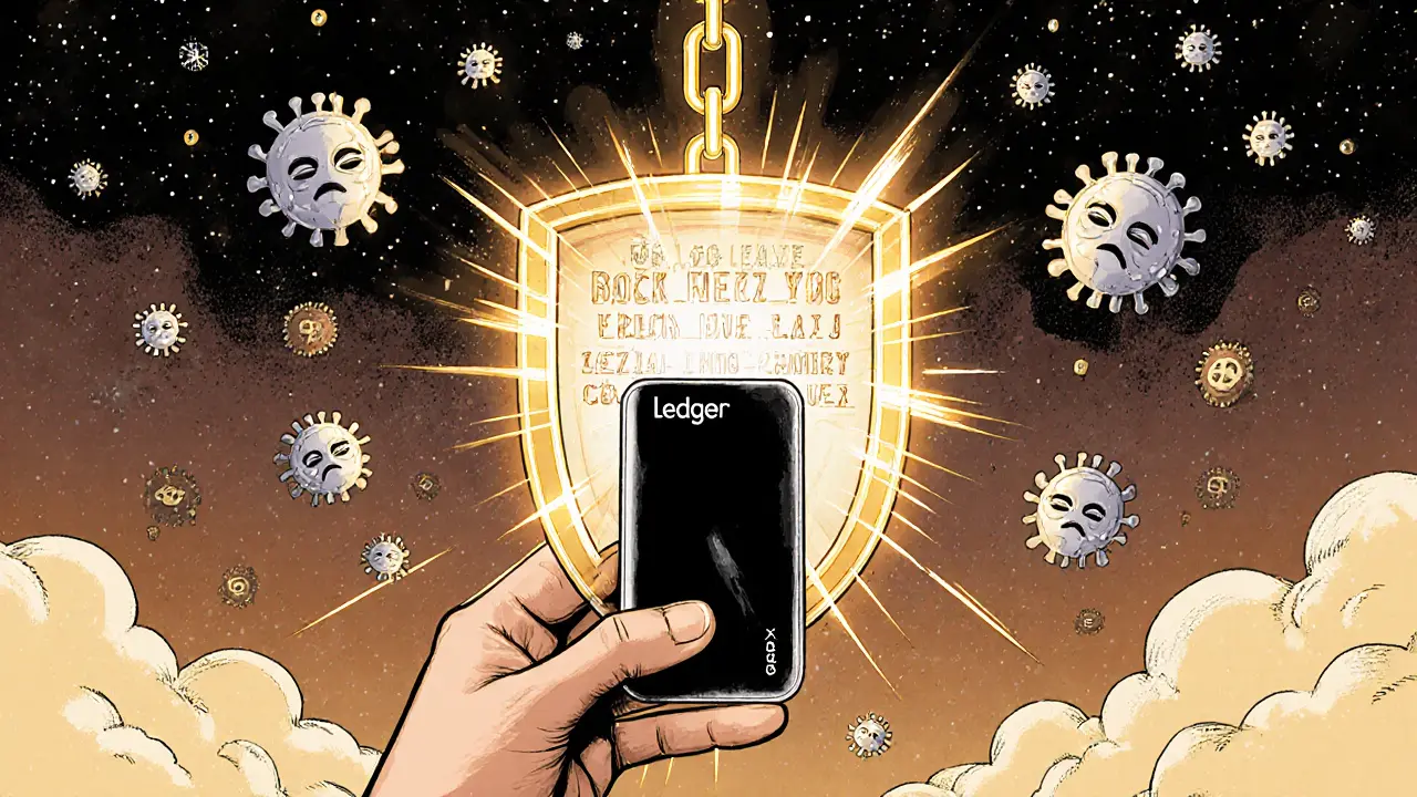 Пользователь держит аппаратный кошелек, который отражает хакерские атаки, а над ним светится seed-фраза, соединенная с блокчейном.