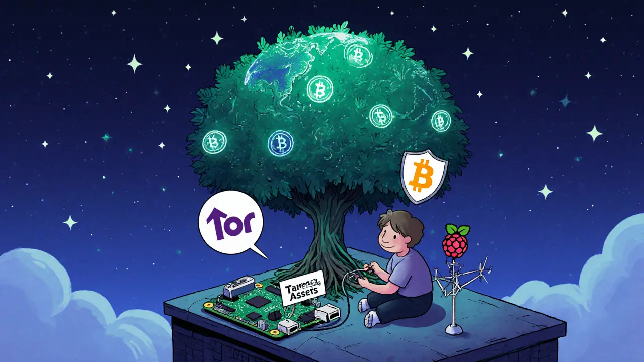 Человек запускает ноду на Raspberry Pi на крыше, вокруг — символы Tor и растущее дерево нод под звёздным блокчейном.