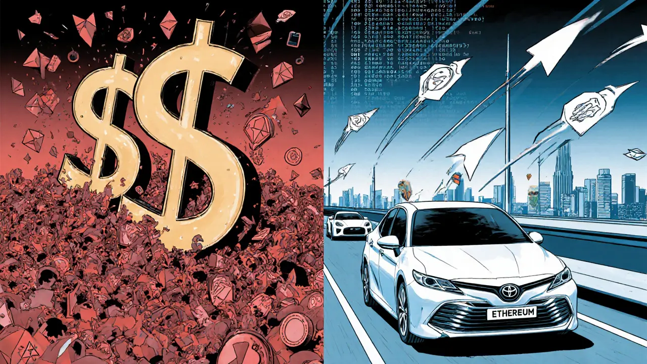 Контраст: перегруженная сеть Ethereum слева и быстрая Layer-2 сеть справа в комиксном стиле