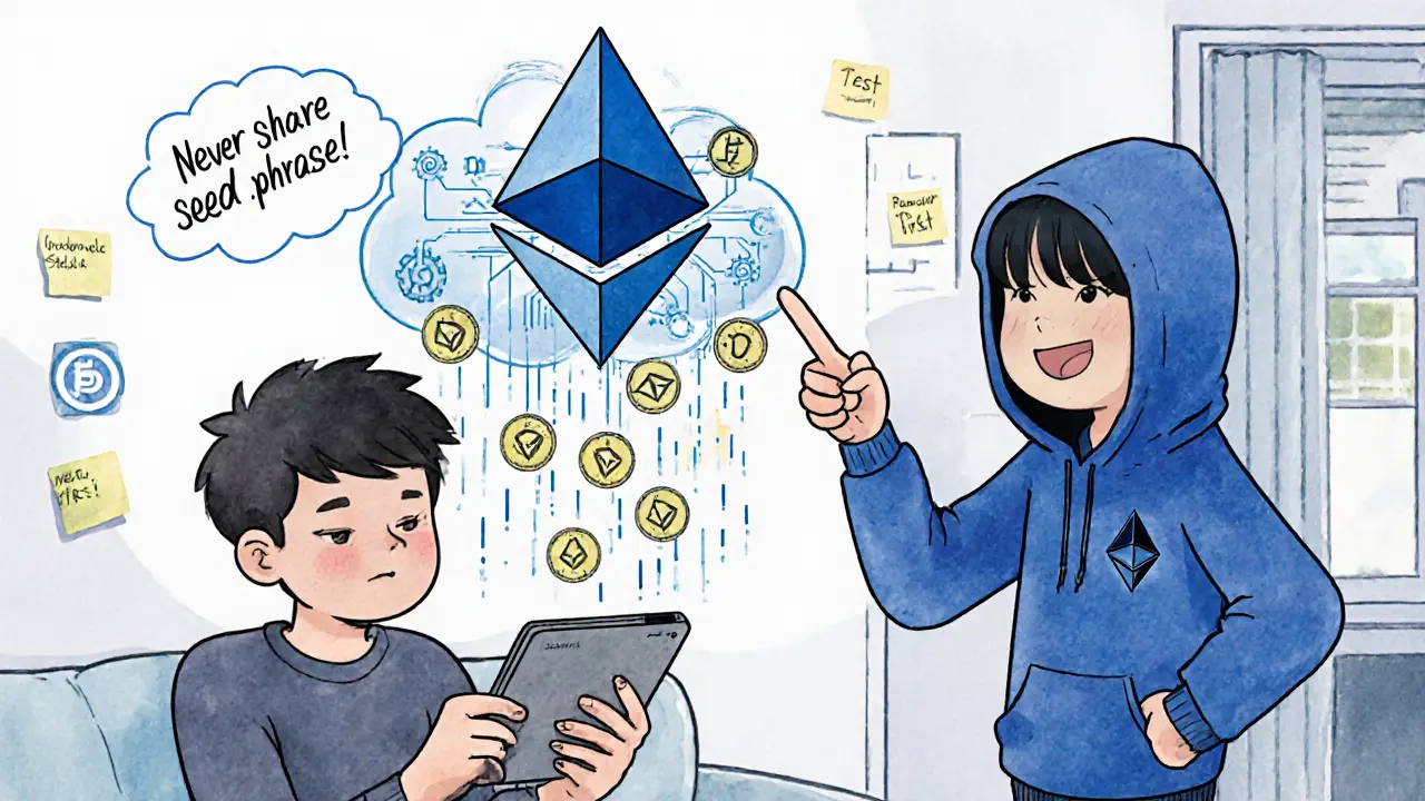 Новичок с кошельком MetaMask получает тестовый ETH от дружелюбного гида в стиле комикса