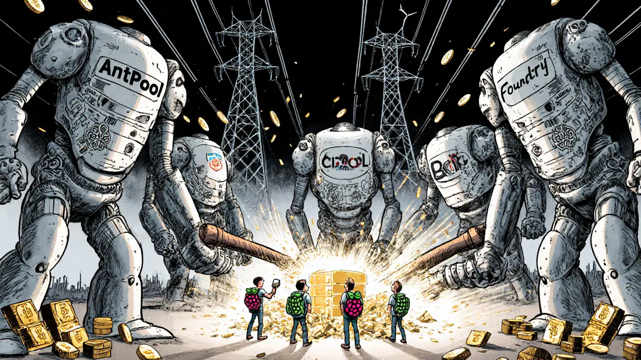 Пять гигантских майнинговых пулов в виде механических гигантов с молотами, противостоящих крошечным майнерам с Raspberry Pi.