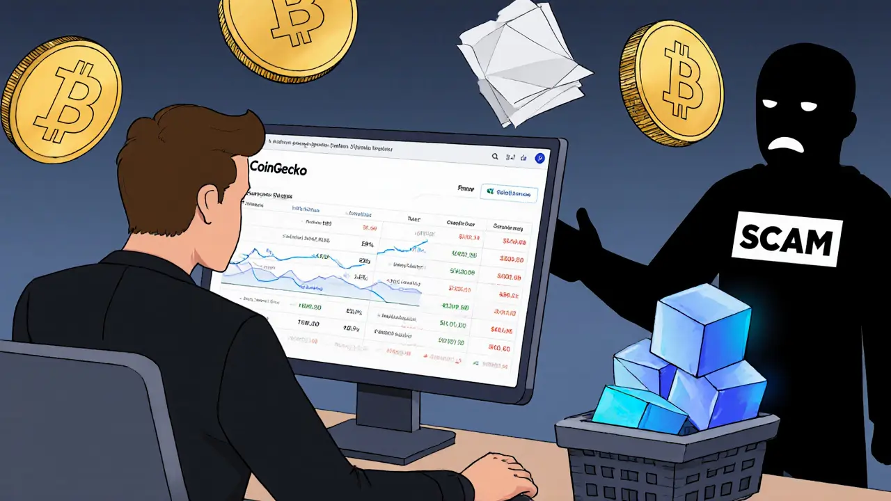 Инвестор смотрит на экран с тремя типами криптоактивов, а скамер пытается подсунуть фальшивый токен.