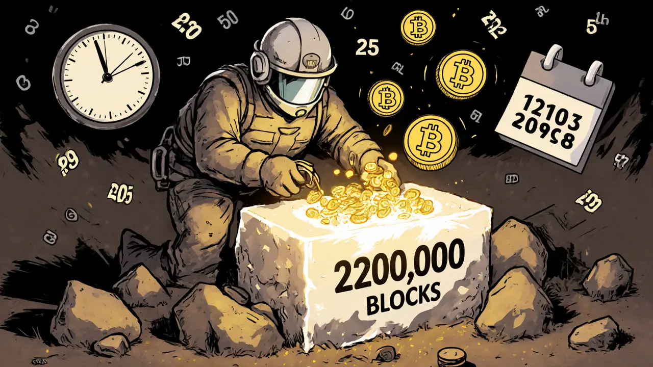 Майнер добывает биткоины, которые делятся пополам с каждым халвингом, рядом — календарь с годами.