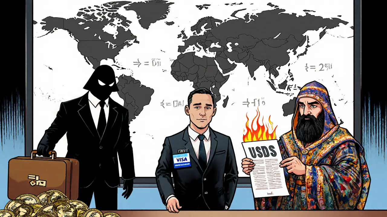 Персонифицированные стейблкоины в совете: USDT — таинственный бизнесмен, USDC — банкир с MiCA, DAI — мудрый учёный с голосованием MKR, переходящий в USDS.