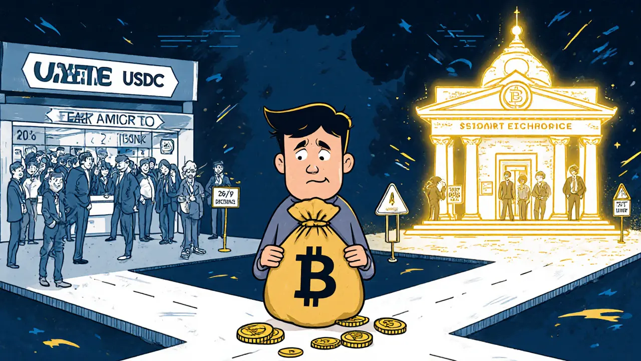 Трейдер выбирает путь между USDT, USDC и DAI: хаотичный обмен, спокойный банк и мистический храм смарт-контрактов в стиле комикса.