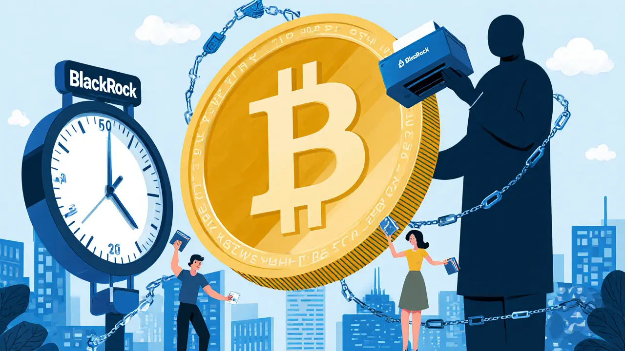 Золотой биткоин парит над городом, а тень корпорации пытается напечатать его копию.