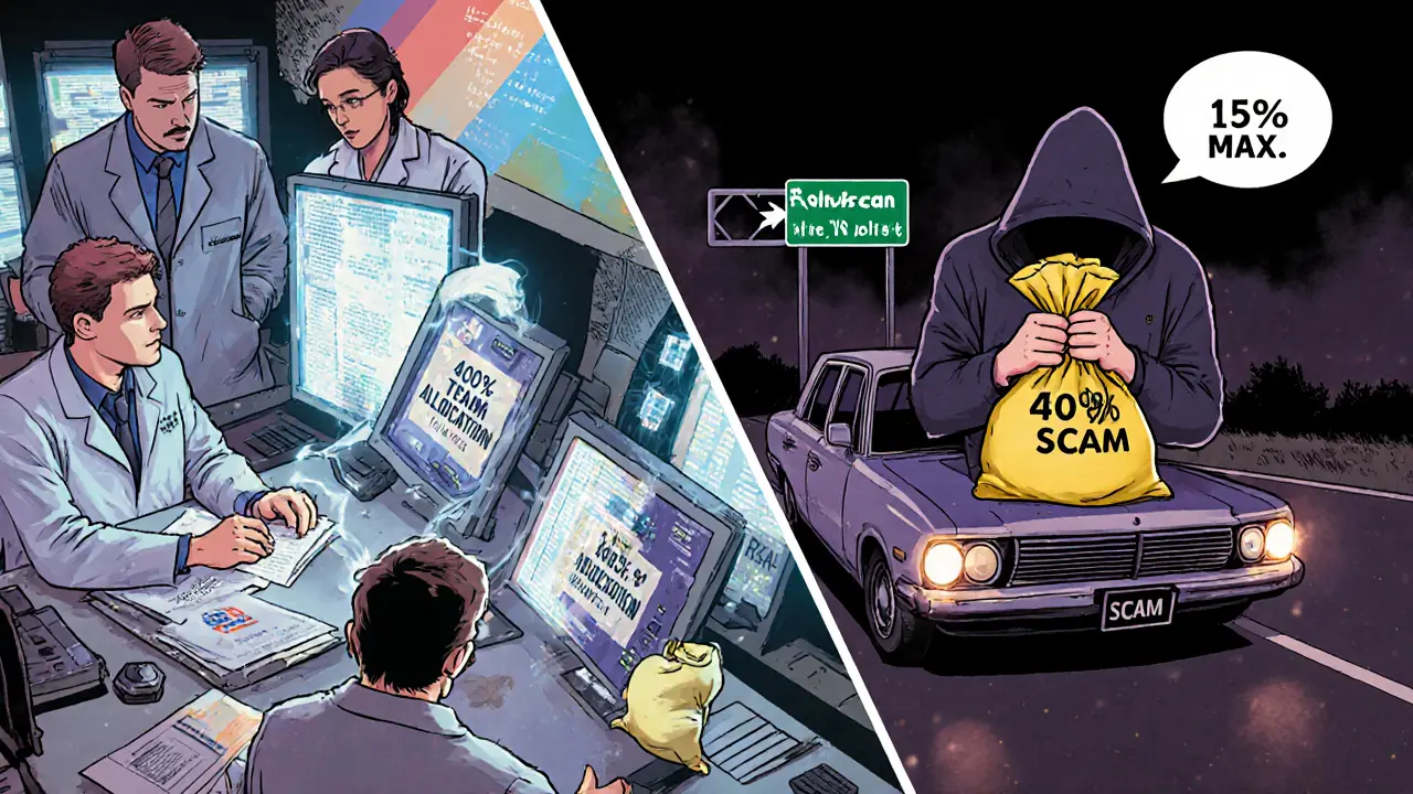 Слева — команда реальных инженеров с кодом, справа — мошенник уезжает с токенами; в центре — знаки распределения токенов и Etherscan.