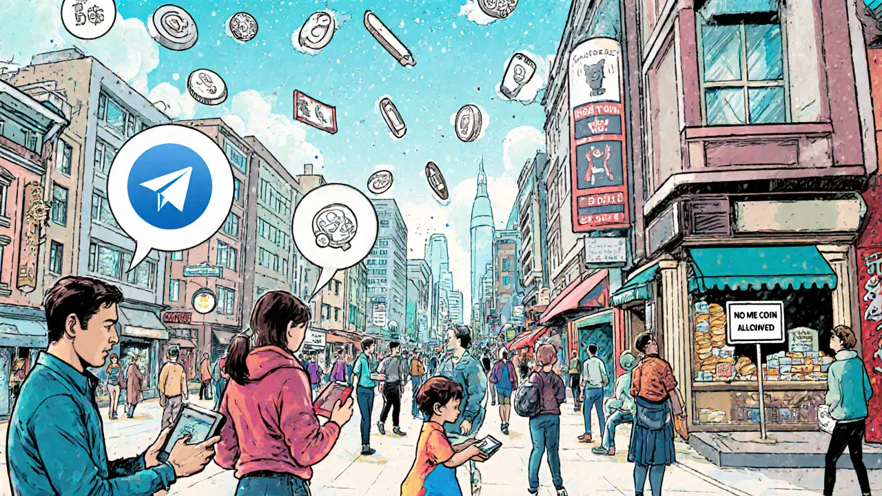 Город 2025 года: люди используют Web3-приложения в повседневной жизни, мемкоины запрещены, стиль комикса.