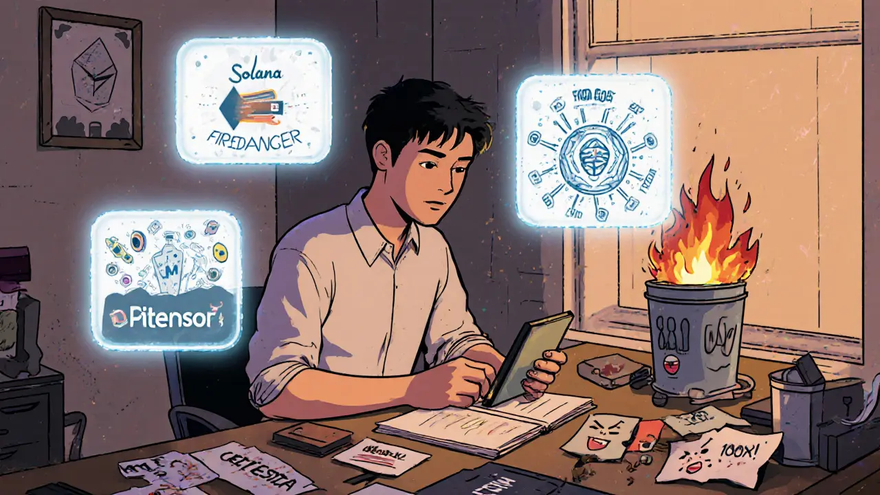 Новичок изучает Ethereum через MetaMask, вокруг — голографические технологии, мемкоины горят в мусорке.