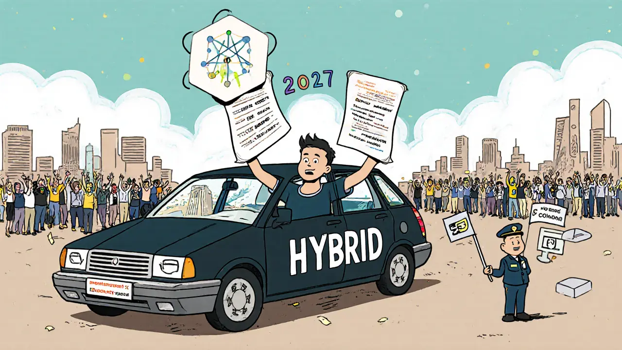 Гибридный блокчейн-автомобиль 2027 года с элементами Polkadot и Cosmos, разработчик управляет им, в небе сливаются технологии.