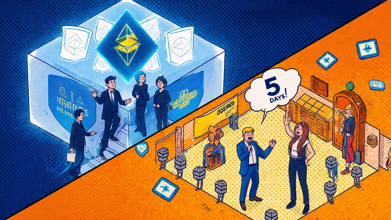 Комикс-панель: корпоративная команда в безопасном Polkadot и стартап в Cosmos с 20 валидаторами, контраст цветов и настроений.