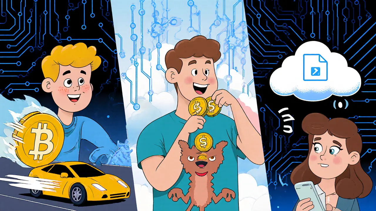 Три персонажа используют токены MATIC, SLP и FIL для разных функций в блокчейн-мире.