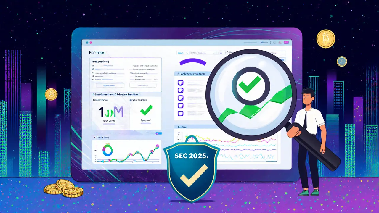 Динамический вестинг активируется при достижении целей, надзор SEC, инвестор проверяет данные на экране.