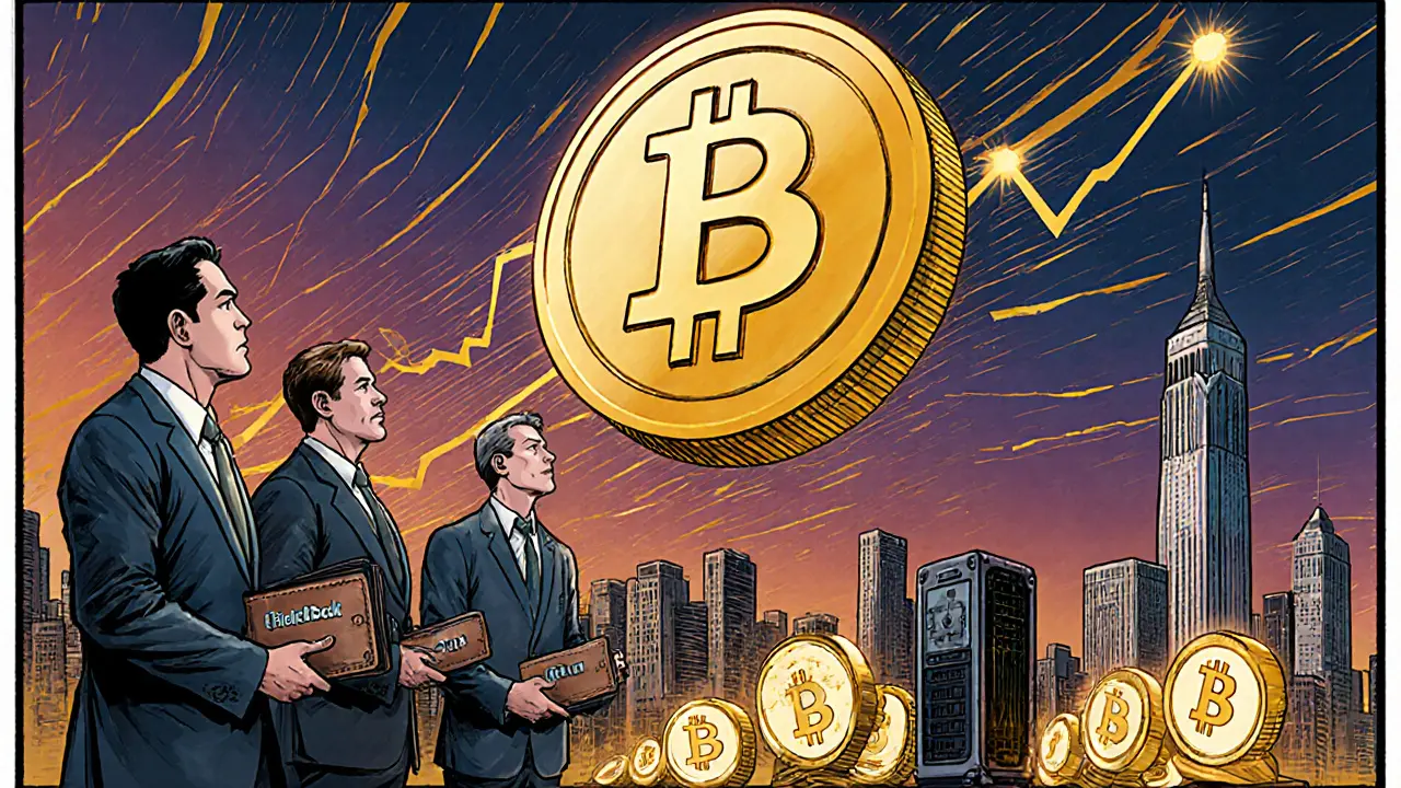 Гигантский биткоин над городом, институциональные инвесторы наблюдают за новым рекордом в 126 291 доллар.