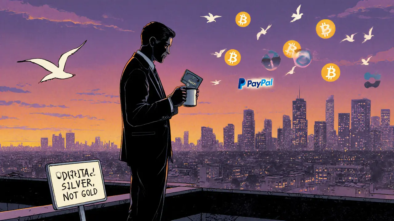 Инвестор держит аппаратный кошелёк и кофе на крыше, вокруг него парят значки платёжных систем с Лайткоином.