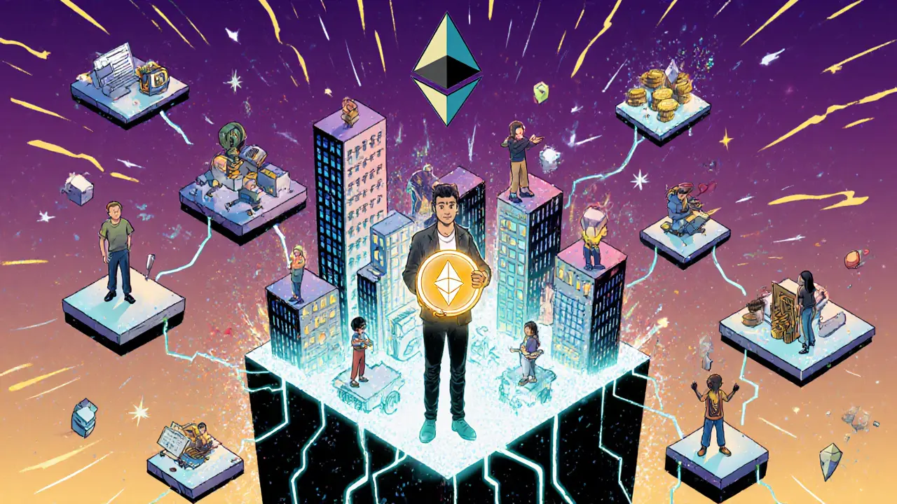 Рождение Ethereum: цифровой город строится из блоков, разработчики и художники создают децентрализованные приложения.