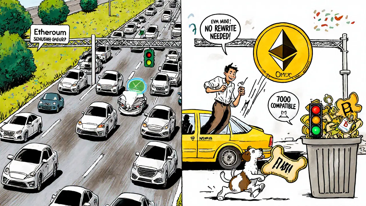 Сравнение медленного Ethereum и быстрого Polygon в виде дорог: один застрял в пробке, другой — как скоростная магистраль.