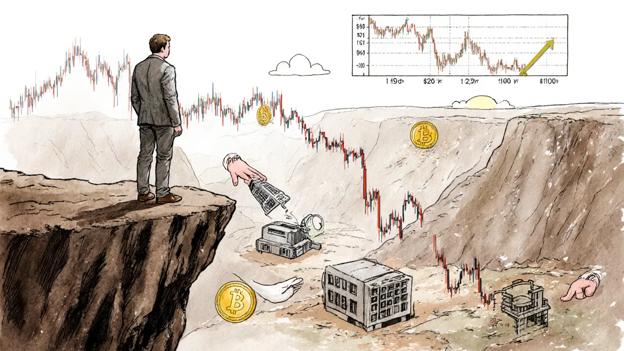 Торговец на скале смотрит на падение цены биткоина, но вдалеке виден новый рост.