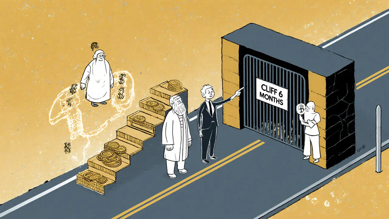 Три типа вестинга представлены как персонажи: линейный, ступенчатый и с клиффом, рядом — мудрый инвестор.