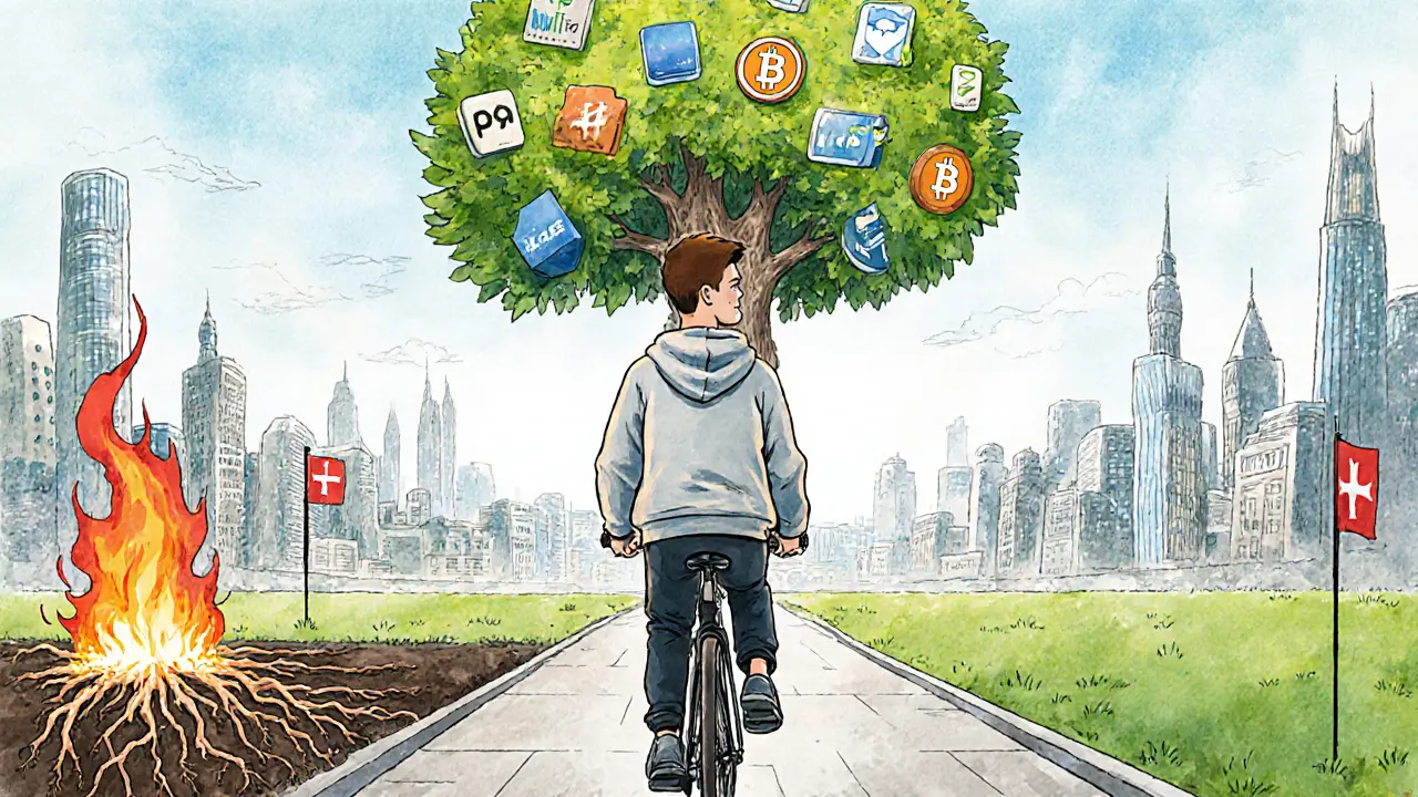 Виталик Бутерин едет на велосипеде через город из блокчейнов, один путь — загрязненный, другой — зелёный и чистый.