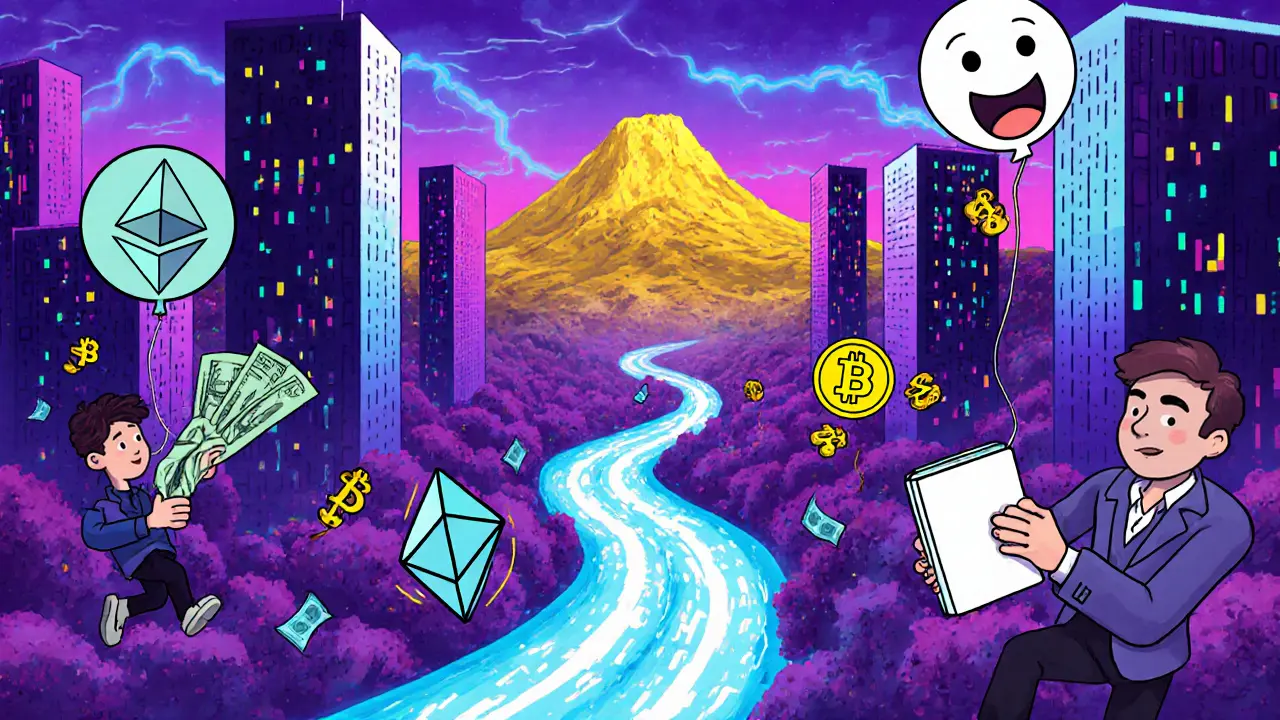 Город будущего с Ethereum как реками кода, Bitcoin как золотой горой, люди торгуют стейблкоинами и мем-монетами.