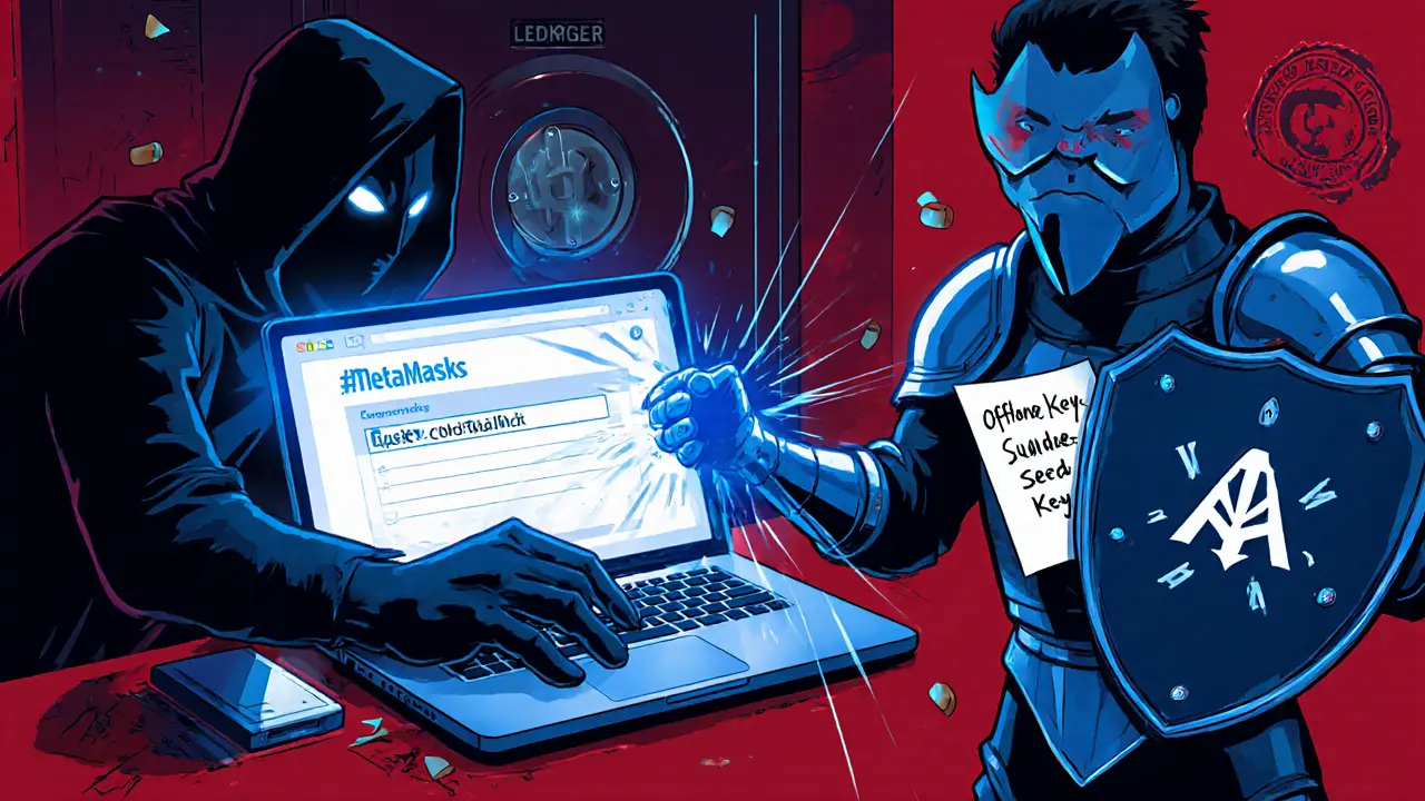 Хакер атакует MetaMask, но аппаратный кошелек защищает ключи, как рыцарь.