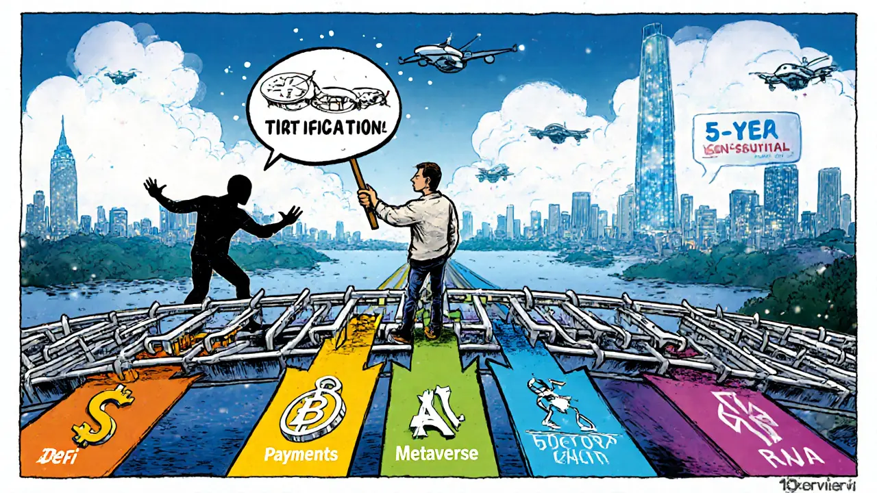 Инвестор на мосту из блокчейна, выбирающий путь по секторам криптовалют, в то время как тень эмоций тянет его вниз.