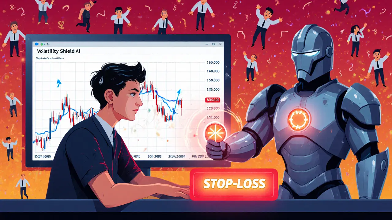 Инвестор с паническим выражением лица, рядом с ним светящаяся кнопка стоп-лосса, управляемая AI-фигурой, спасающей от падения цены.