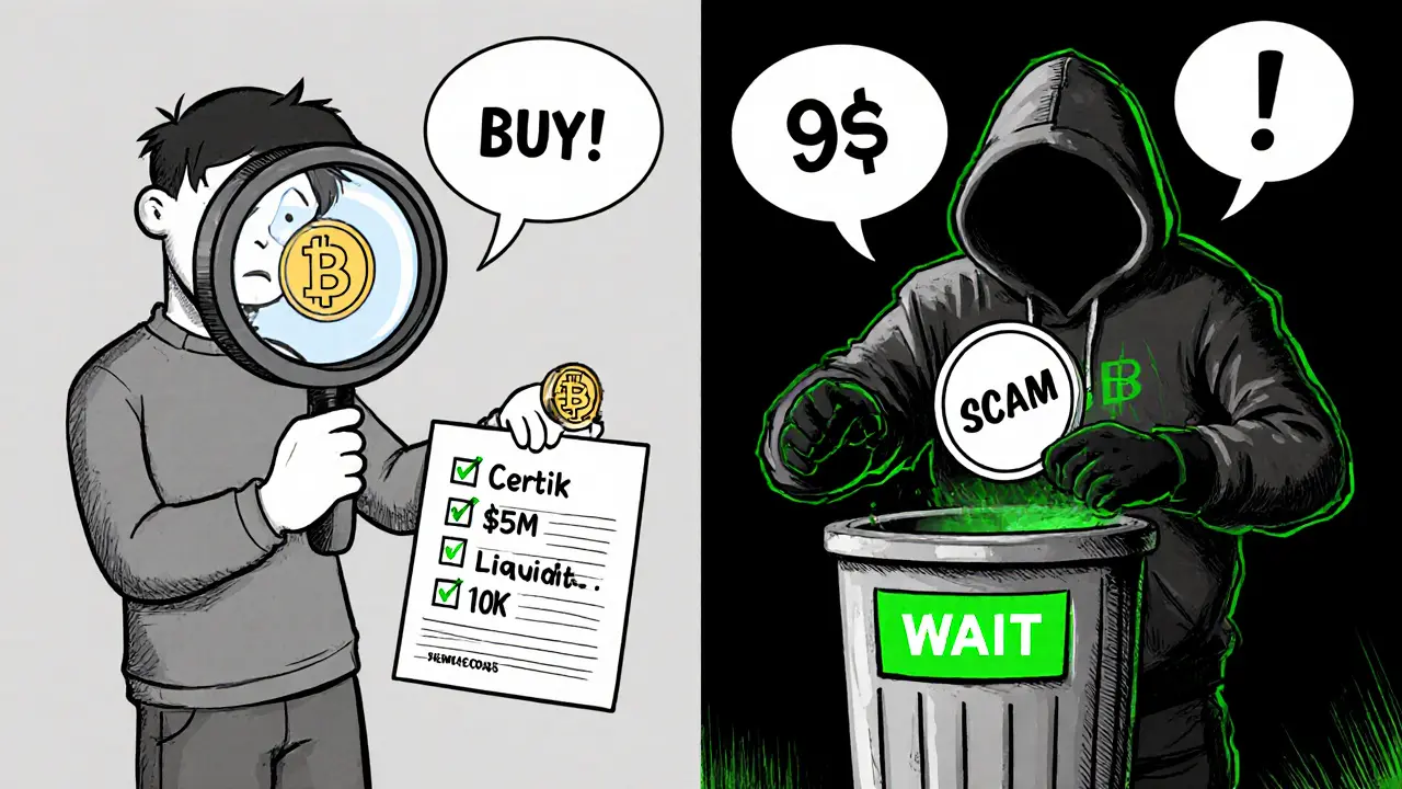 Новичок проверяет аудит токена, в то время как мошенник выбрасывает фейковый мем-коин в мусорку.