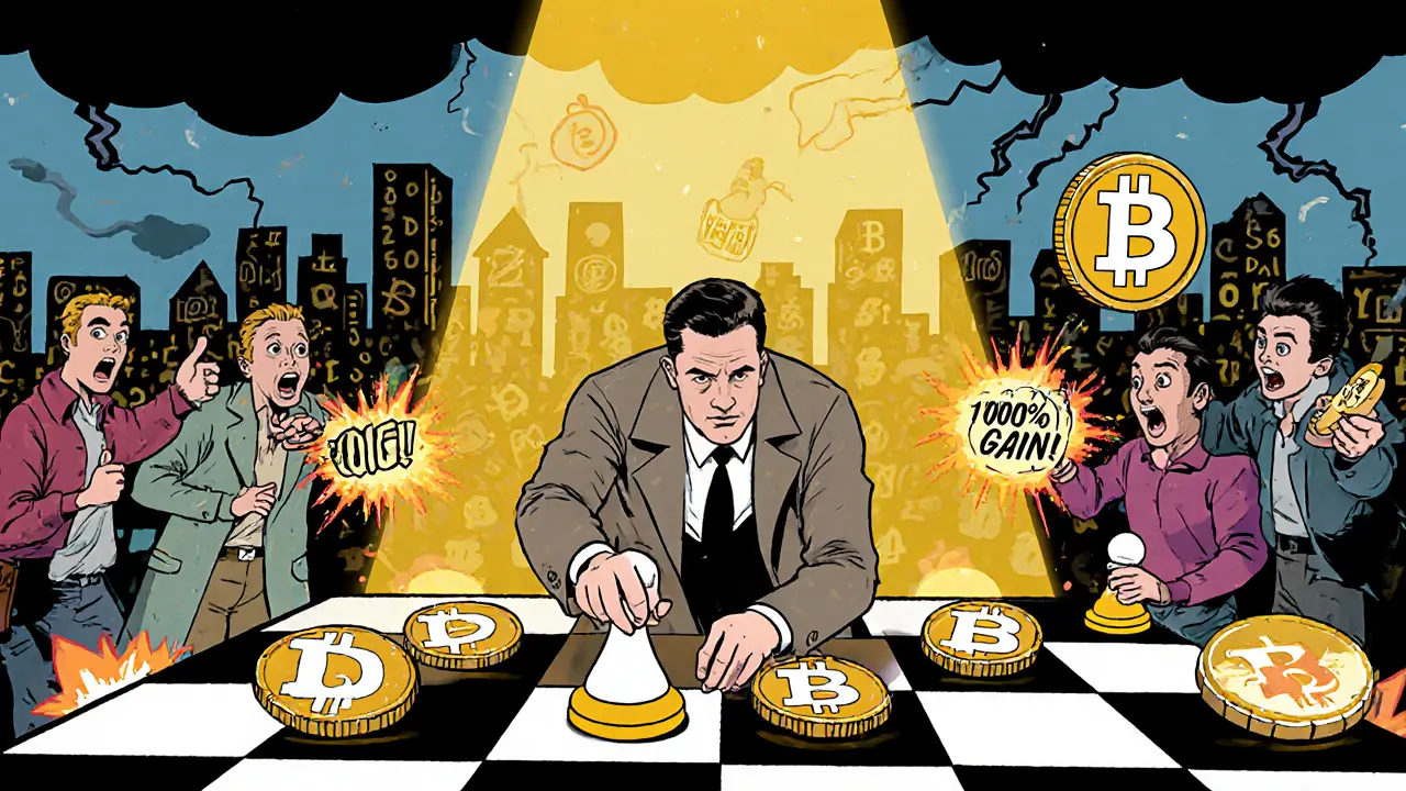 Опытный трейдер делает ход пешкой Доге на шахматной доске, где каждый квадрат — другой мем-коин.