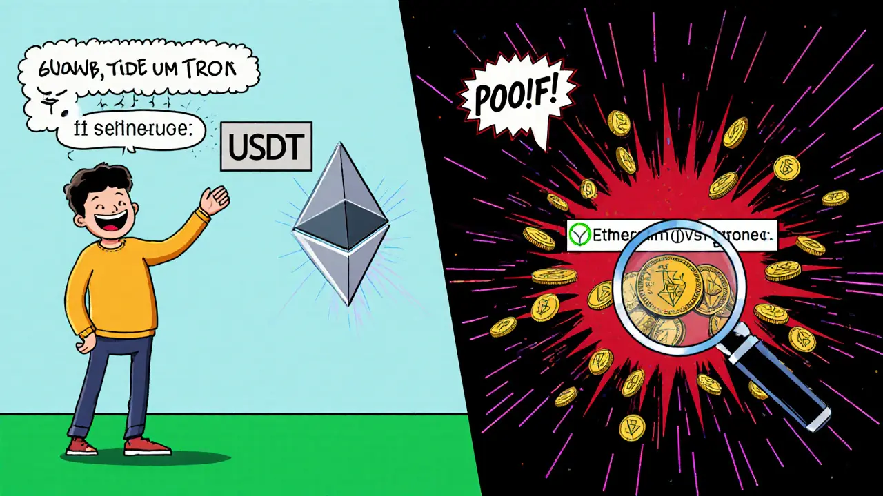 Пользователь отправляет USDT по неверной сети — монеты исчезают, а рядом — увеличительное стекло с адресом контракта.