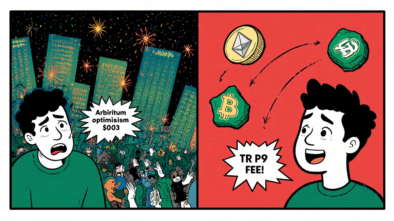 Сравнение высоких и низких комиссий: пользователь переходит с Ethereum на Polygon.