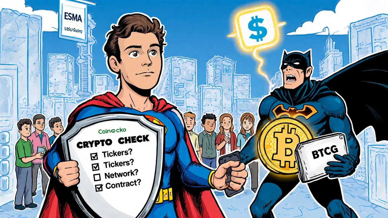 Супергерой &#039;Crypto Check&#039; защищает пользователей от мошенника с поддельным тикером BTCG на фоне блокчейн-города.