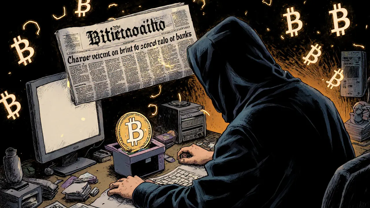 Таинственная фигура запускает первый блок Bitcoin, над ним — заголовок газеты о спасении банков.