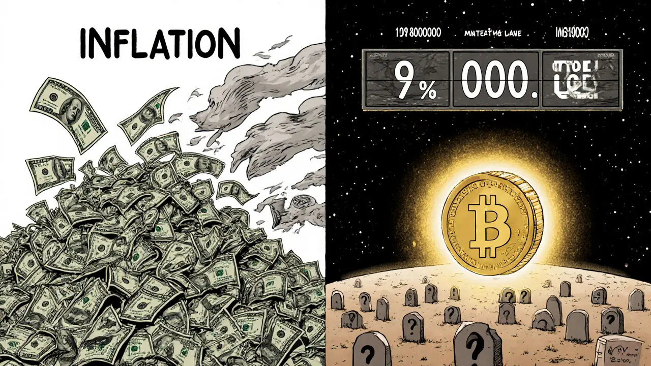 Биткоин против бумажных денег: один золотой биткоин против уносящегося ветром стека долларов.