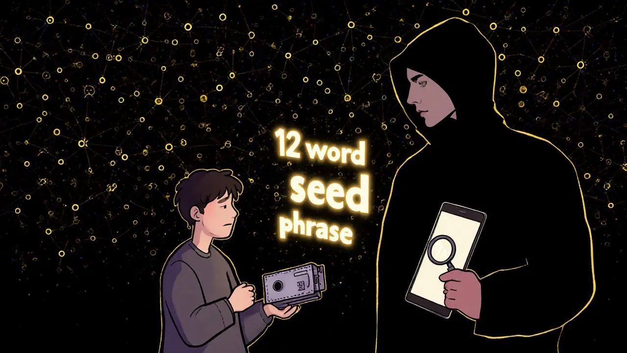 Человек держит аппаратный кошелёк, а тень пытается украсть seed-фразу из телефона.