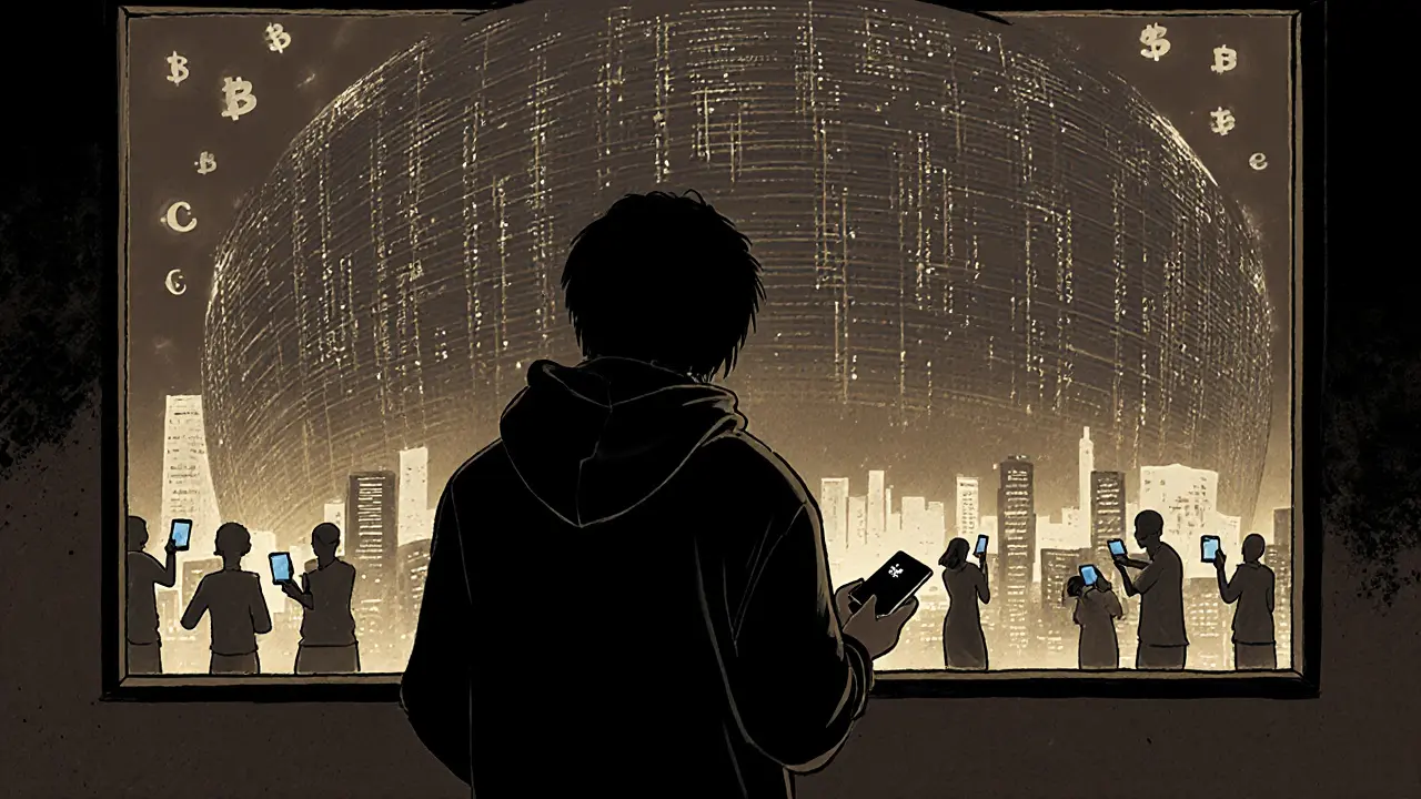 Человек с аппаратным кошельком, перед ним — гигантский блокчейн, за окном — люди по всему миру отправляют криптовалюту.