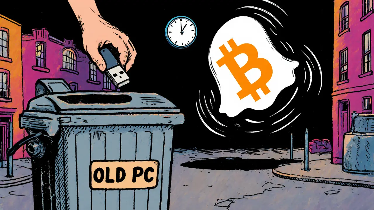 Человек выбрасывает флешку в мусор, а биткоин исчезает в воздухе, как призрак.