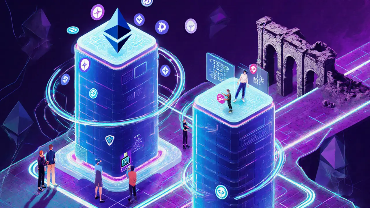 Децентрализованный финансовый центр на Ethereum Layer 2 с плавающими токенами и NFT, фоном — устаревший блокчейн.