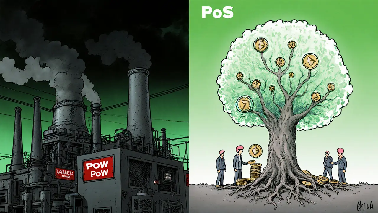 Двухпанельная иллюстрация: слева — дымный майнинг-завод, справа — светящееся дерево из криптовалют, символизирующее PoW и PoS.