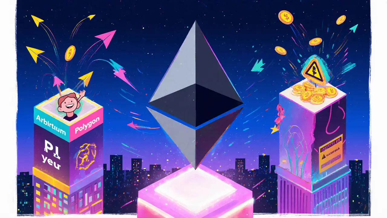 Эфириум на фундаменте, вокруг него быстрые L2-платформы с транзакциями и низкими комиссиями.