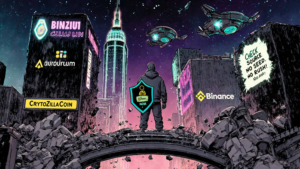 Город криптовалют: настоящие проекты светятся, скамы рушатся, герой защищает безопасность.