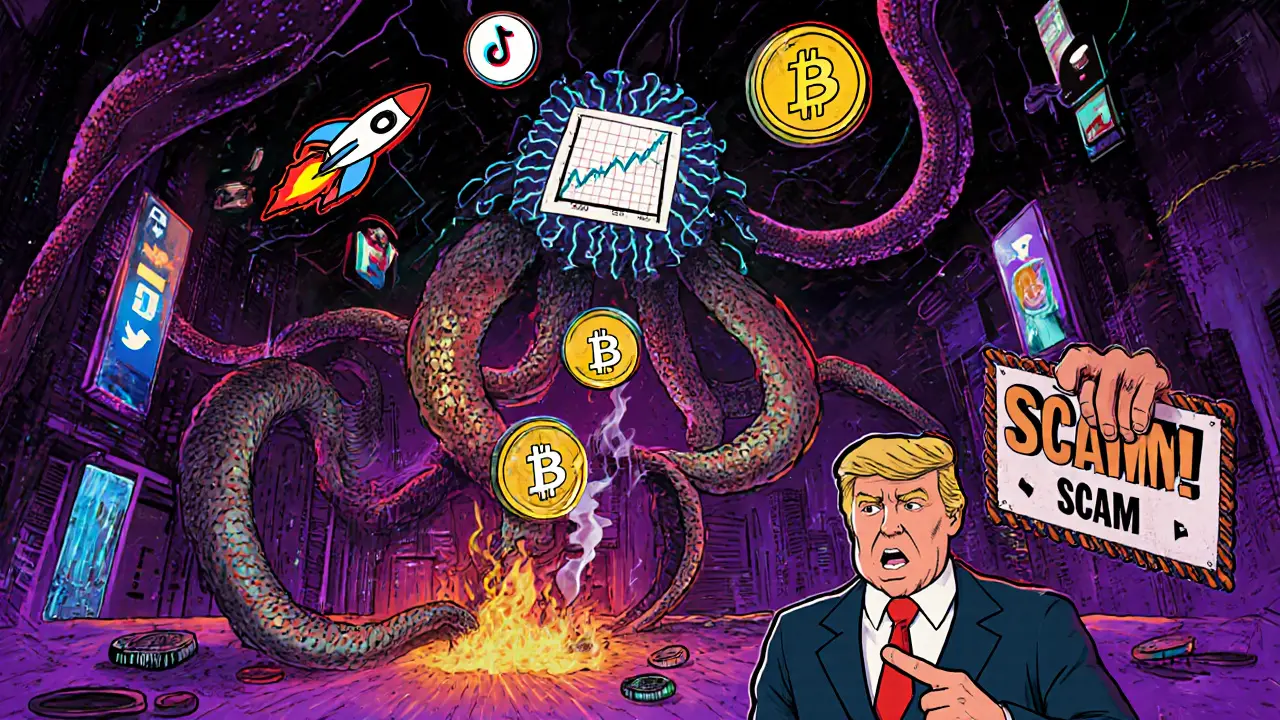 ИИ-сеть генерирует мем-коины из соцсетей, один растёт, другой исчезает, инвестор в панике, а агент SEC указывает на скам.