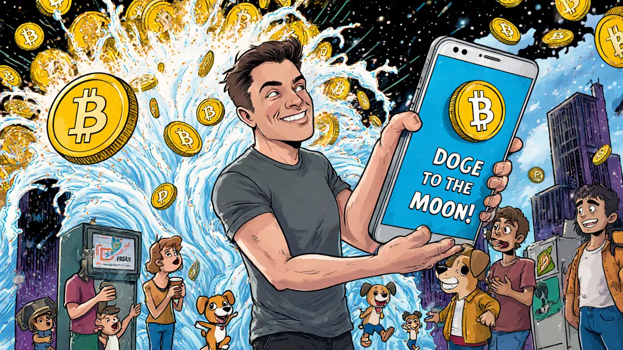 Илон Маск пишет твит &#039;Doge to the Moon&#039;, а из телефона вырываются монеты, которые падают на город.
