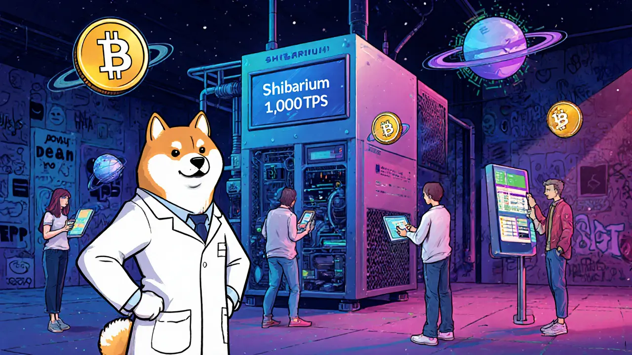 Инженер Shiba Inu стоит у блокчейна Shibarium, вокруг него вращаются токены и пользователи с интерфейсами DApp.