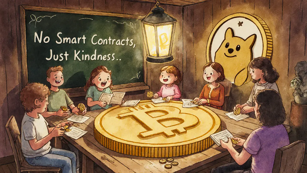 Люди делятся монетами DOGE за столом, свет от фонаря в виде логотипа Dogecoin освещает тёплую атмосферу.