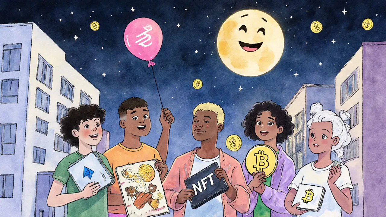 Люди в чате обмениваются кошельками, NFT и аирдропами, а над ними летит луна с биткоином.