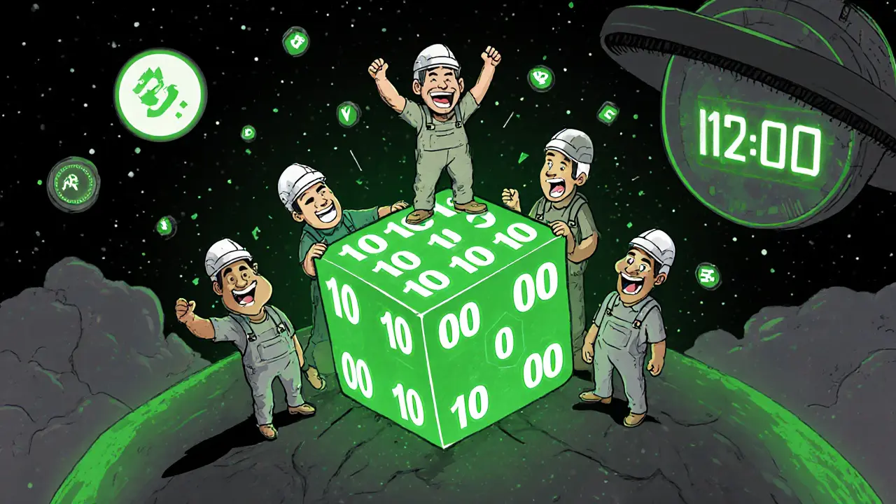 Майнеры смотрят, как цифровой кубик показывает хеш с множеством нулей, вокруг — транзакции и таймер.