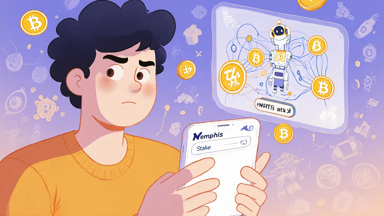 Новичок использует кошелёк Memphis, а над ним — голографическая схема стейкинга DOT в мультяшном стиле.