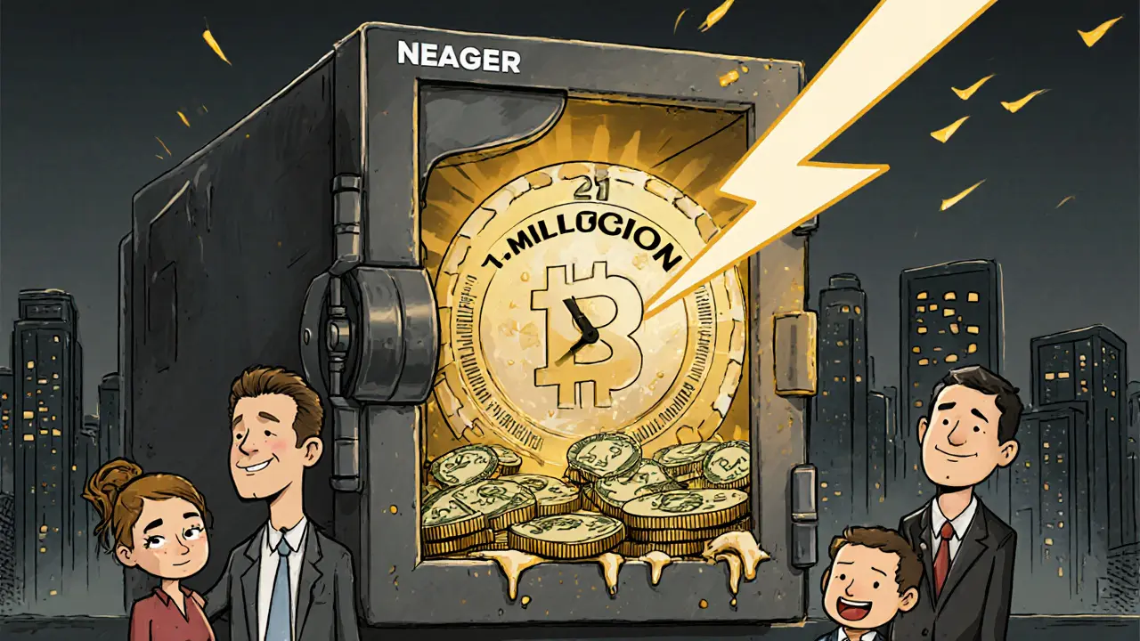 Сейф с оставшимися биткоинами, институциональные инвесторы и семья защищаются от инфляции, в фоне — молния Lightning Network.